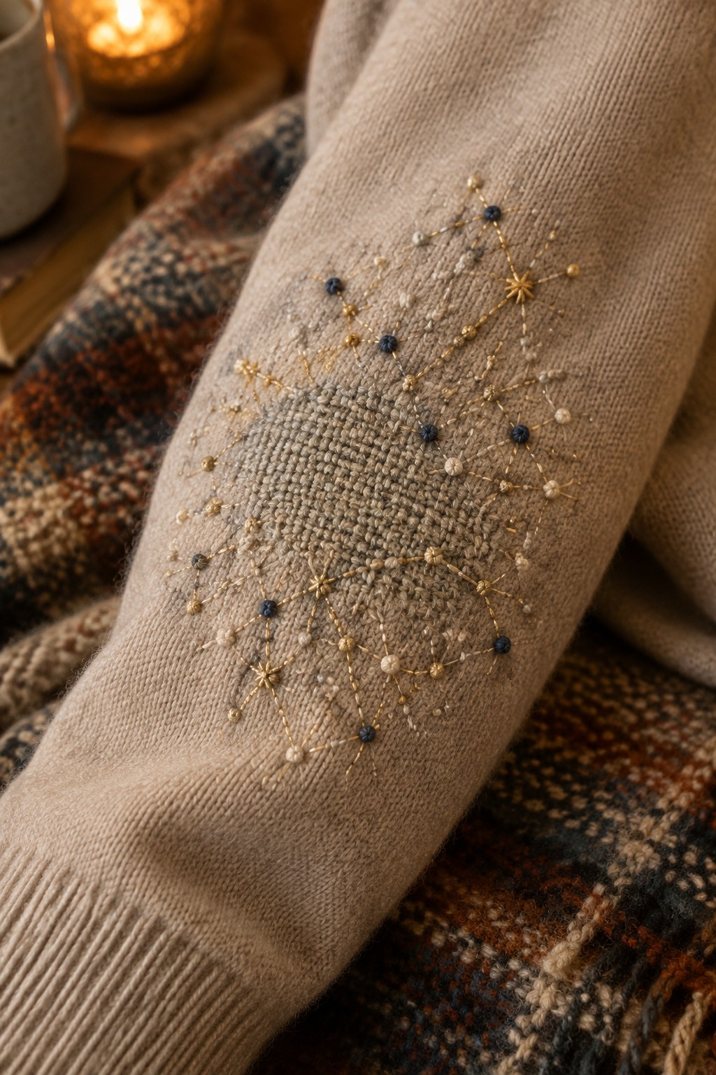 Gold and dark embroidered stars and connecting lines decorate the elbow of a beige knitted sweater.