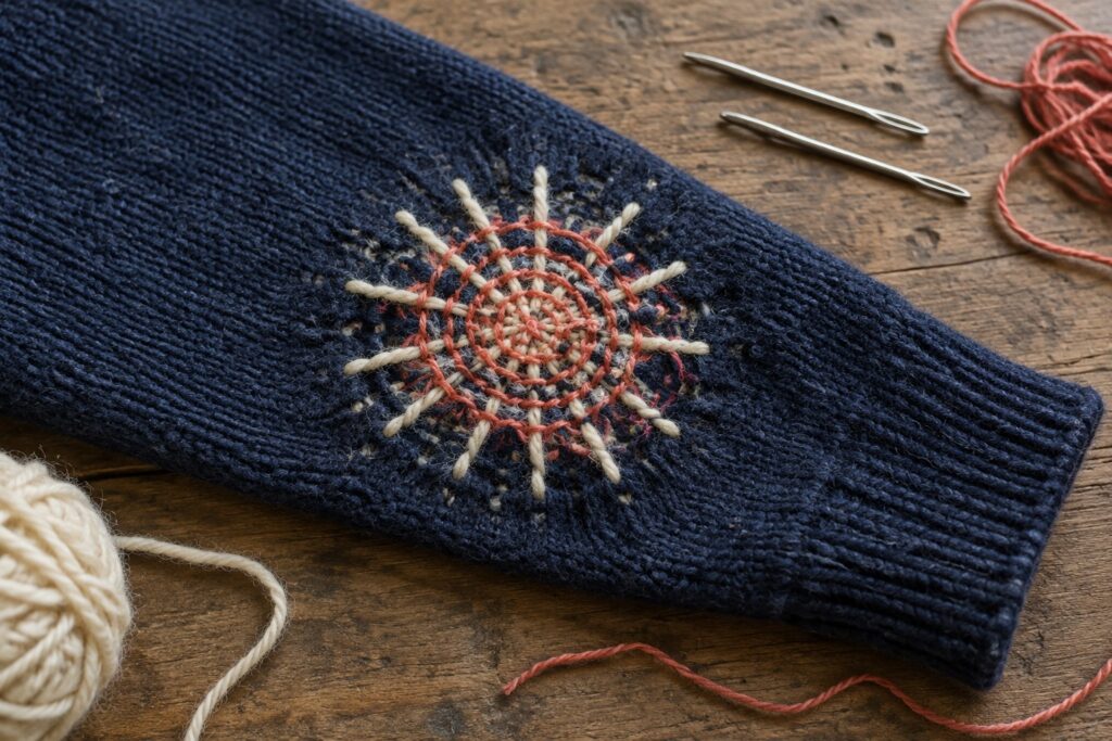 A navy knitted sweater sleeve with a cream-and-coral circular sunburst mend, beside needles and thread on a wooden table.