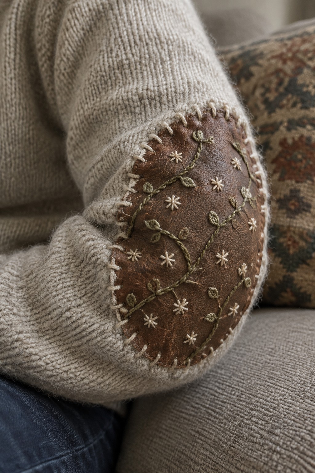 A brown leather elbow patch on a beige knitted sweater is stitched around the edge and embroidered with green vines and small cream flowers.