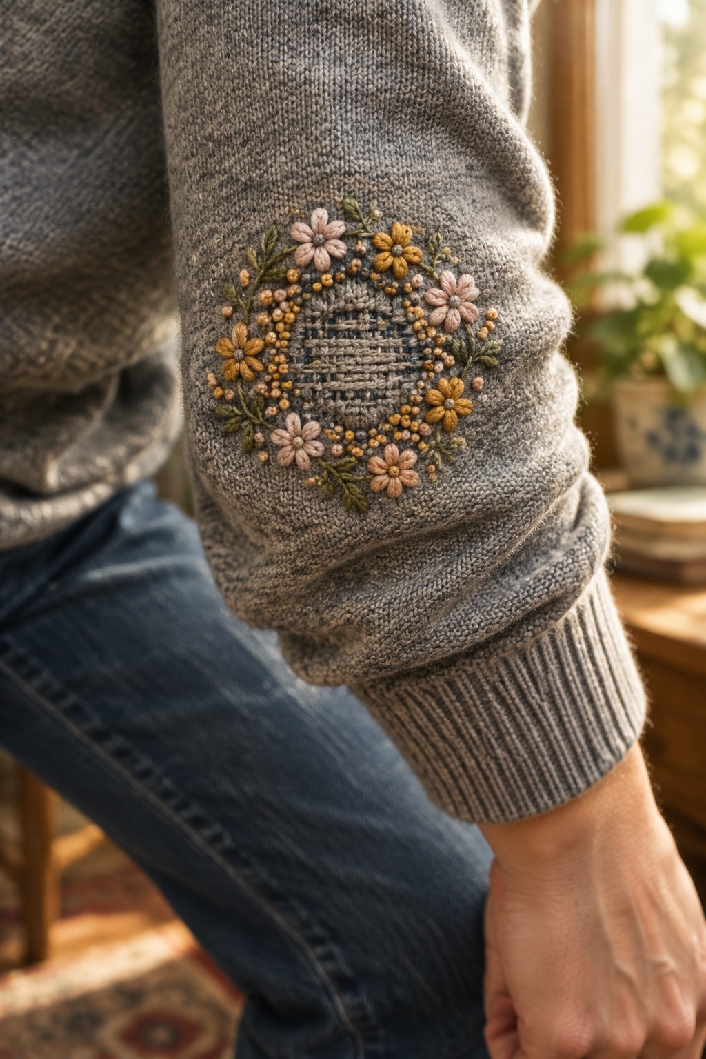 A gray knitted sweater elbow has a circular floral embroidery design around a woven center.
