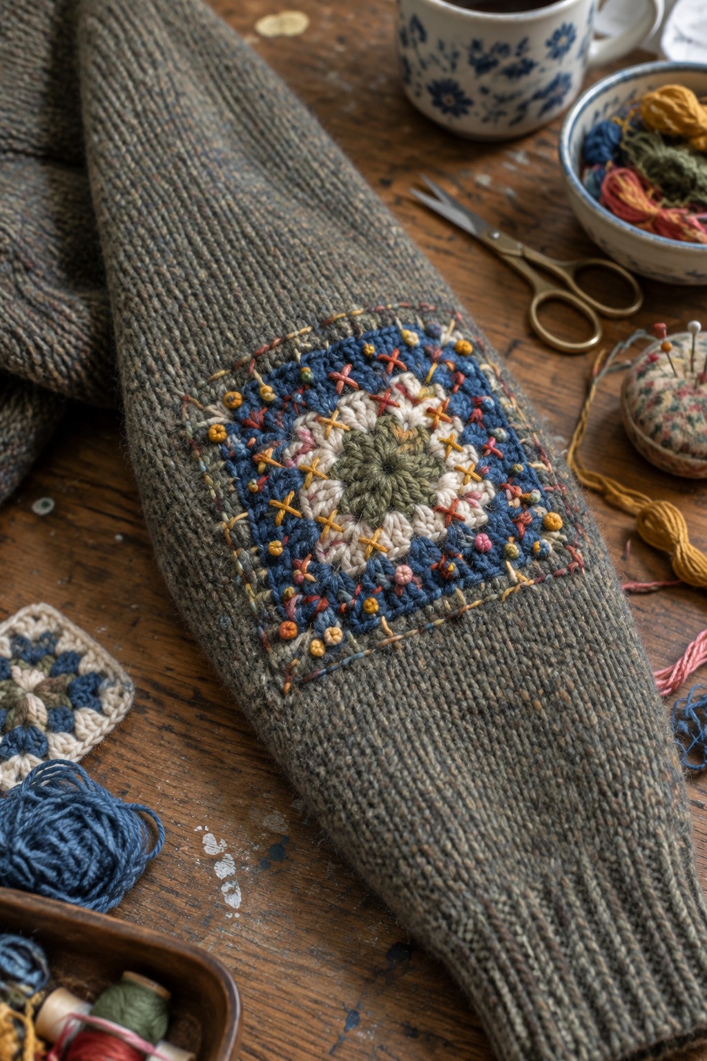 A gray-brown knitted sleeve with a colorful embroidered flower and decorative stitches around a rectangular darn.