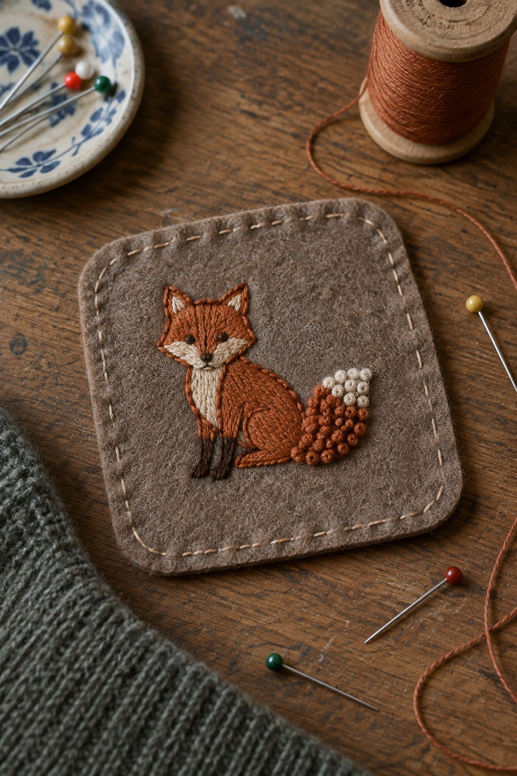 A rust and cream embroidered fox on a square felt patch, surrounded by sewing thread, pins, and a spool on a wooden table.