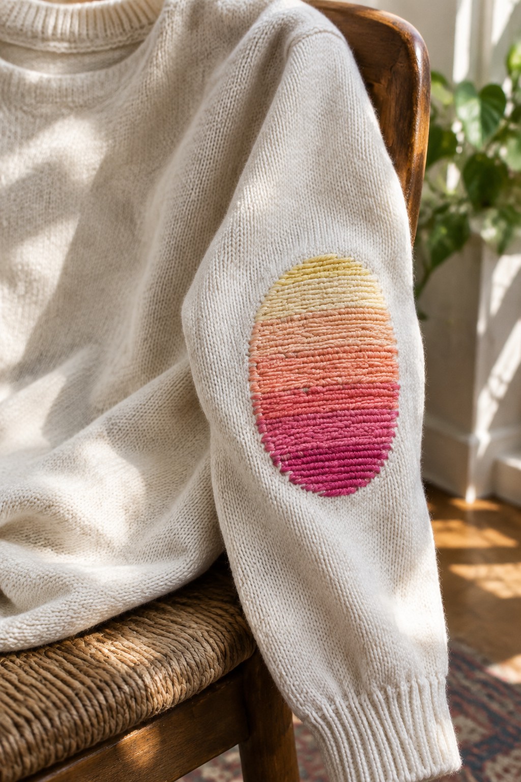 A white sweater sleeve with a colorful, horizontally stitched oval patch on the elbow.