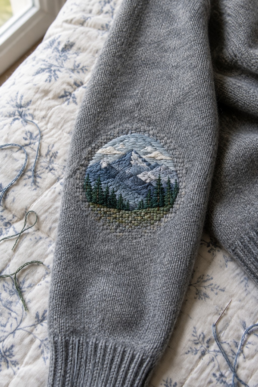 A small embroidered mountain landscape with evergreen trees decorates the elbow of a gray sweater.