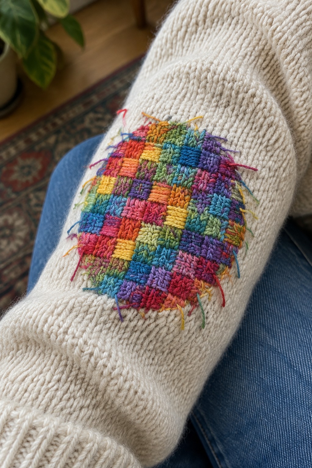A cream knitted sweater elbow is covered with a colorful embroidered checkerboard patch, with loose thread ends around its edges.