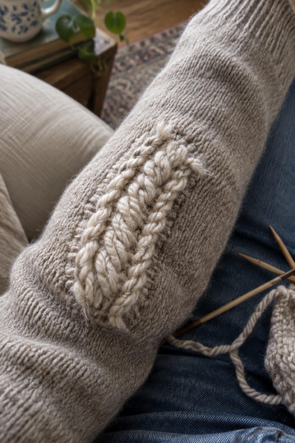 Raised cream yarn stitching repairs the elbow of a beige sweater above blue jeans, with knitting needles nearby.