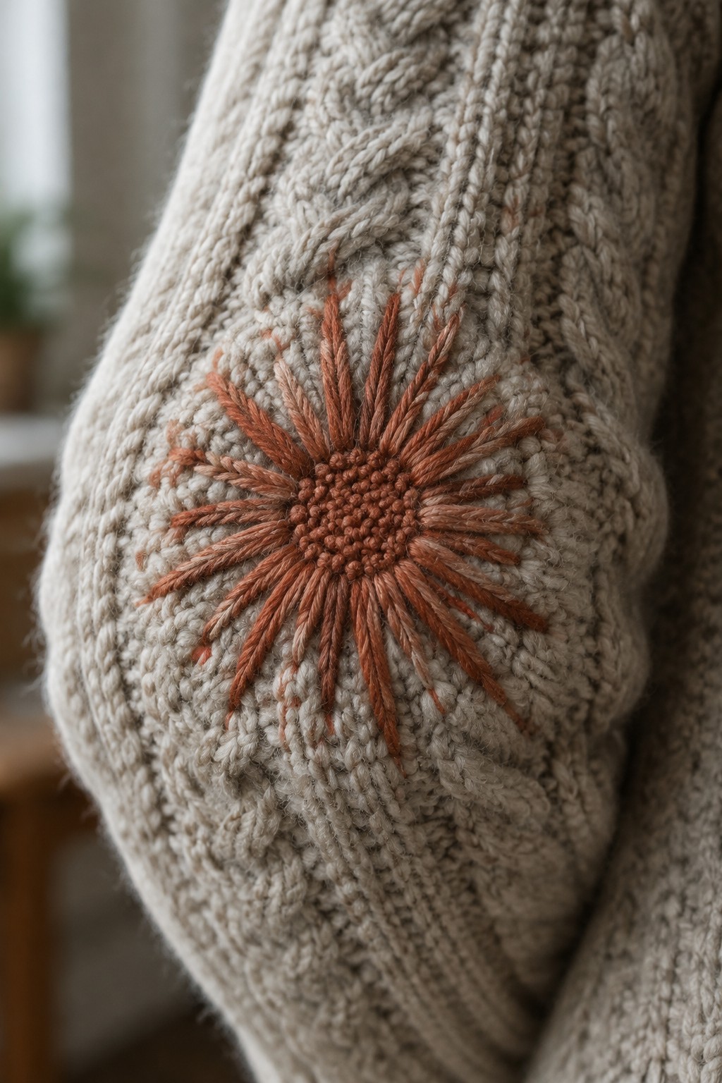 Rust-colored starburst embroidery covers the elbow of a cream knitted sweater.