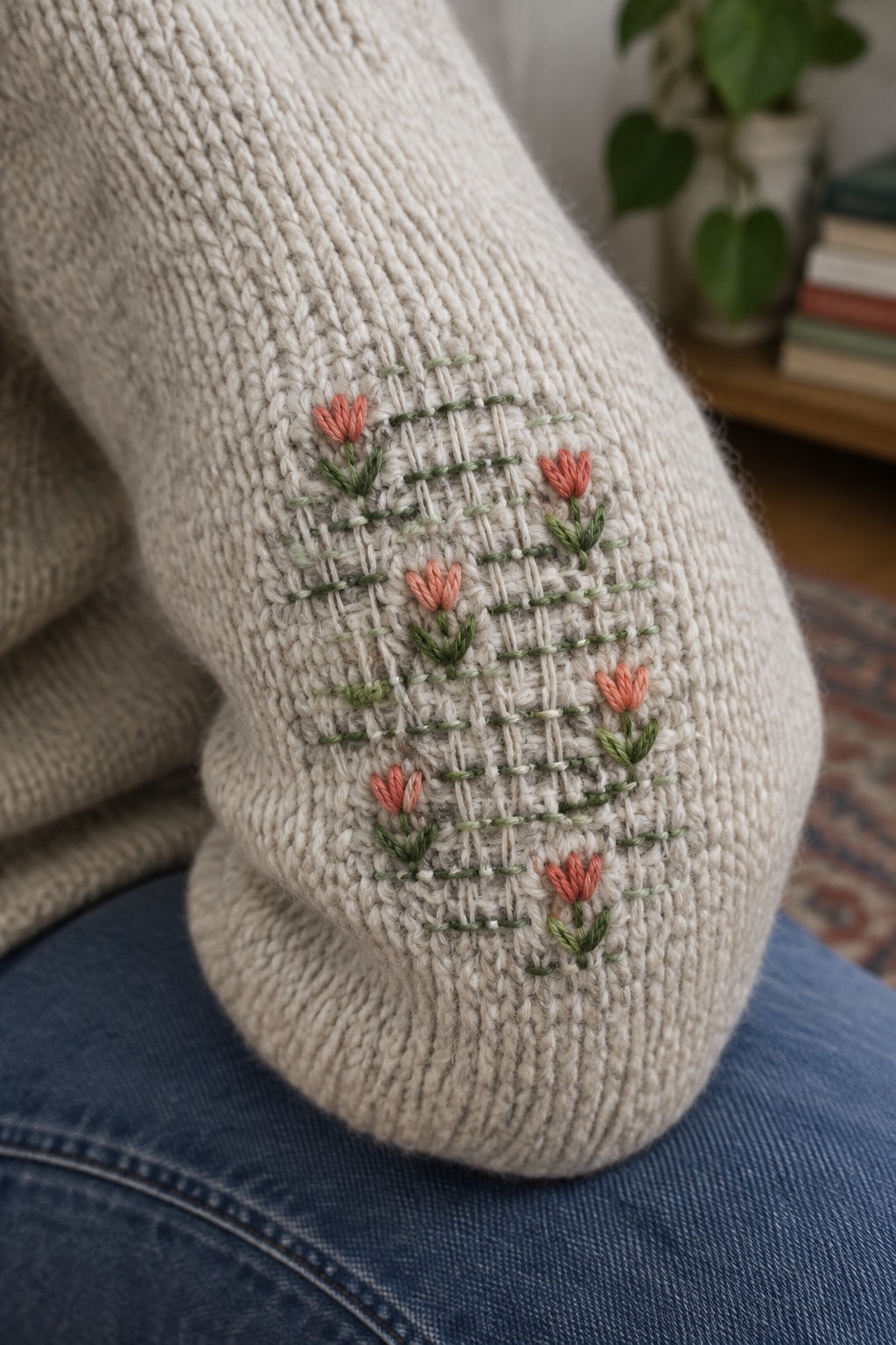 Coral flowers and green stitching form a small grid-shaped repair on the elbow of a cream knit sweater.