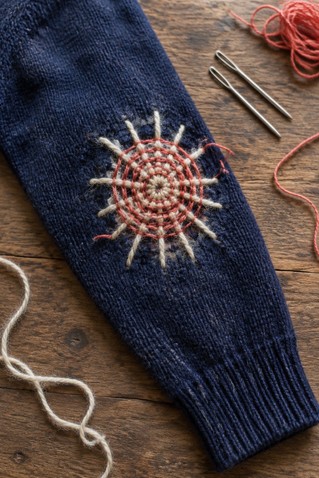 A navy knitted sweater sleeve with a cream-and-coral circular sunburst mend, beside needles and thread on a wooden table.