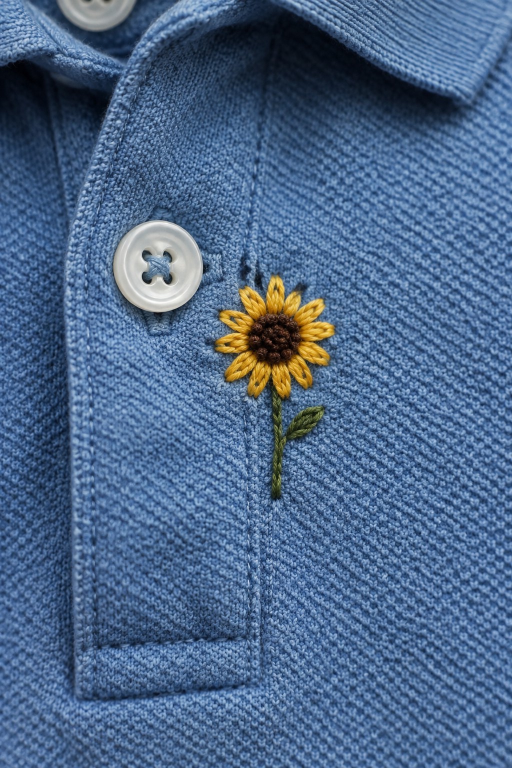 A small yellow embroidered sunflower sits beside a white button on a blue shirt.