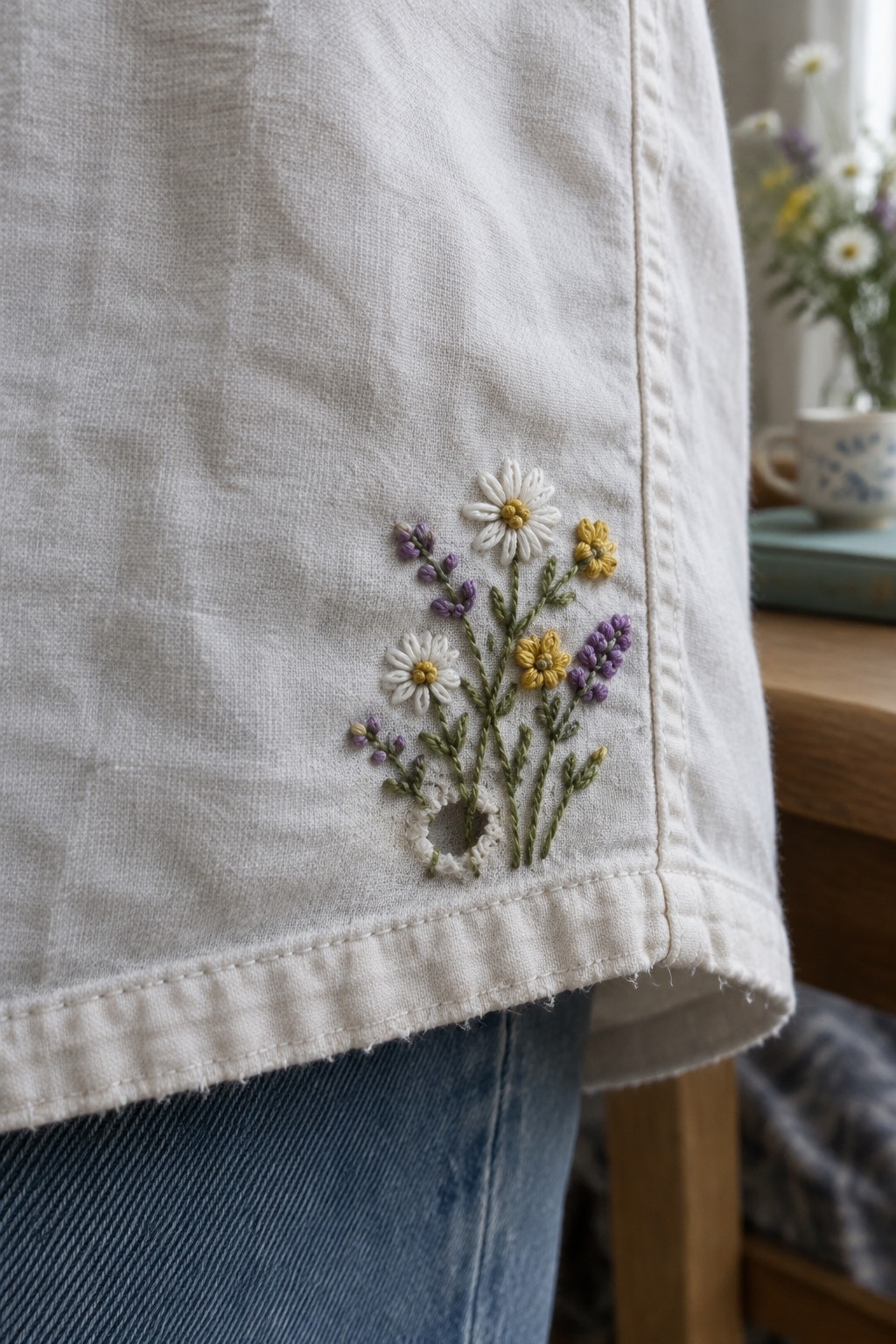 A white shirt with a small embroidered bouquet of white, yellow, and purple flowers above the hem.