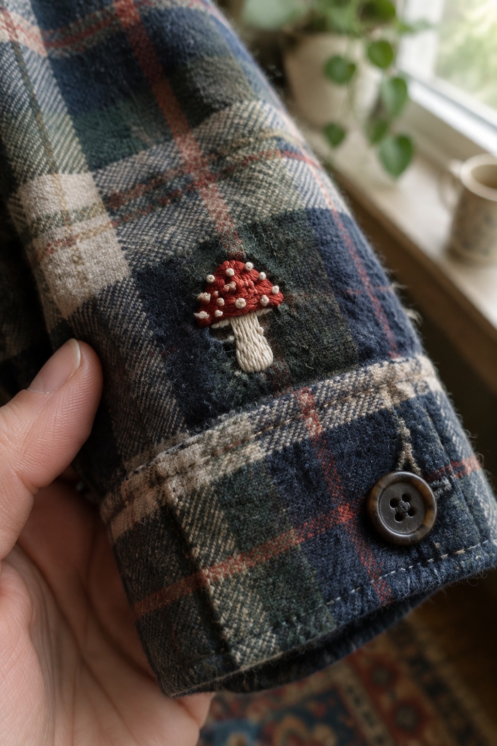 A red and cream embroidered mushroom sits on the cuff of a plaid shirt held in a hand.