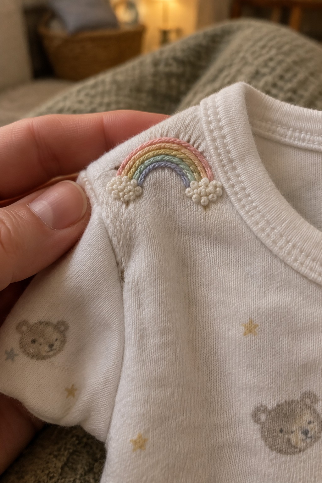 A pastel embroidered rainbow with raised white clouds sits near the neckline of a white baby shirt printed with bears and stars.